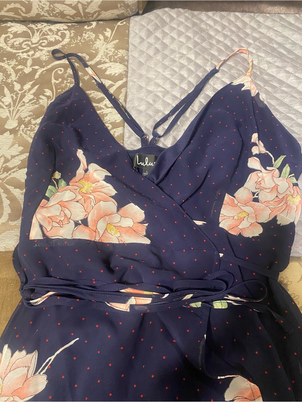 Lulu's Navy Floral Wrap Maxi Dress with Peach Blossoms - Picture 7 of 7
